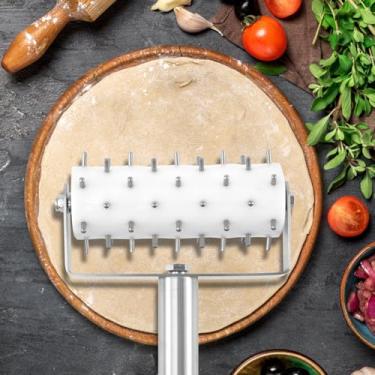 Imagem de DJAPWPX Estufa de massa de pizza de aço inoxidável com pontos, rolo de massa de pizza profissional, ergonômico, multifuncional, para biscoitos, biscoitos de pão caseiros, prata