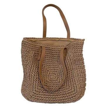 Imagem de Bolsa de Ombro Feminina Palha Trançada Lado Grande Alça Couro Bege e Off - Acessório Praia Moda(Bege)