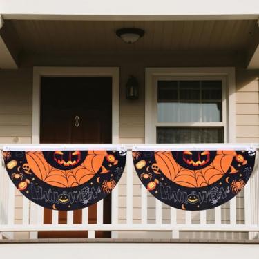 Imagem de 4 peças de bandeiras de leque plissadas de Halloween, bandeiras de cerca de poliéster com 3 argolas externas banners de outono, faixas de meio leque para decoração de festa de quintal de casa e