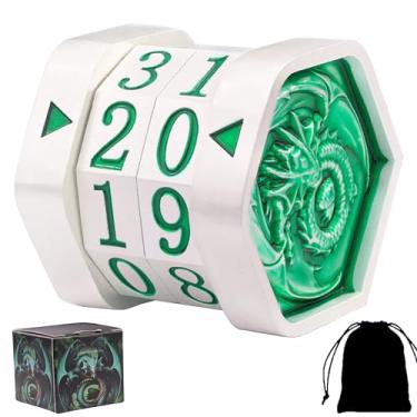 Imagem de ALOBGHDC Metal MTG Life Counter, Metal Game Life Counter MTG with Dragon Symbol for Board Games, Tabletop Cards Games, TTRPGs, Compatible with MTGs, Pearl Silver Wheels with Green Numbers