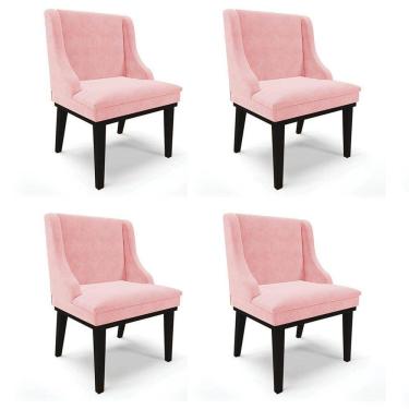 Imagem de Kit 4 Cadeiras Estofadas para Sala de Jantar Base Fixa de Madeira Preto Lia Suede Rosa bebê - Ibiza