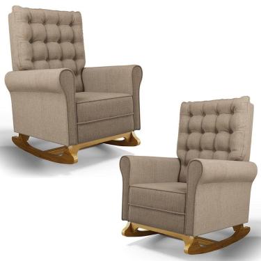 Imagem de Kit 02 Poltronas de Amamentação e Descanso Base Madeira Balanço Brenda G05 Linho Areia - Mpozenato