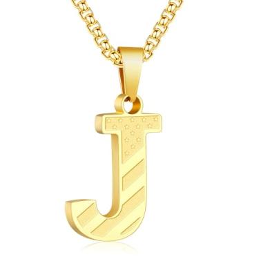 Imagem de Zocomi Colar com pingente de inicial da bandeira americana para homens e meninos, corrente de aço inoxidável 316L A-Z caixa de letras 50 + 5 cm joias presentes, Aço inoxidável, Sem Pedra Preciosa