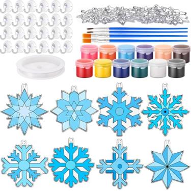 Imagem de Cholemy 24 conjuntos de kits de apanhadores de sol de flocos de neve incluem artesanato de apanhador de sol com tintas ventosas fio de pesca, kit de arte de janela DIY de inverno, apanhadores de sol