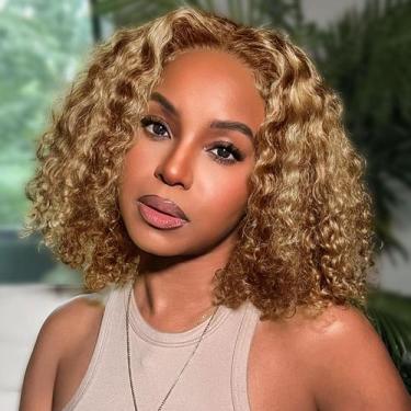 Imagem de Peruca HIRIREMY Ombre Highlight Deep Wave Curly BOB 30 cm Honey