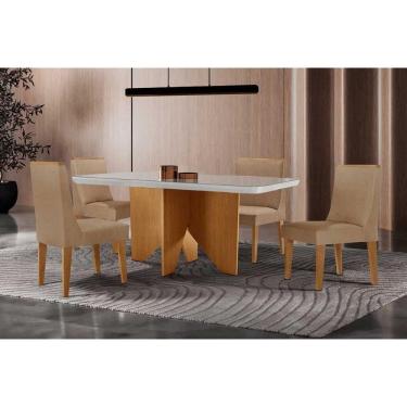 Imagem de Conjunto Sala de Jantar Nevada c/ Tampo Madeirado c/ Vidro Canto Curvo 120x80cm e 4 Cadeiras Dakota Madeira Maciça Naturale/Off White - Capuccino/Linh