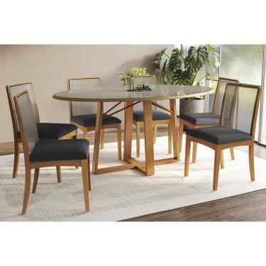 Imagem de Conjunto Sala de Jantar Elma Premium Madeira Maciça c/ Tampo Madeirado c/ Vidro 180x105cm e 6 Cadeiras Lara Carvalho/Freijo Bronze - Boucle Grafite-Ka