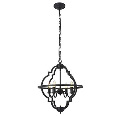 Imagem de YQSLQZZ Lustre preto para casa de fazenda, luminária pendente de sala de jantar vintage americana, luminária de teto semi-embutida E12*4, altura ajustável, para cozinha ilha corredor café