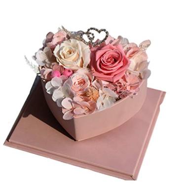 Imagem de WYUYIWH Flor artificial flor eterna coração preservada caixa de presente rosa real aniversário romântico melhor amiga namorada festival decoração ornamentos (B)