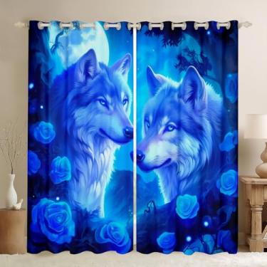 Imagem de Erosebridal Cortinas de lobo, rosa azul romântico floral blackout para crianças adolescentes, lobos casal vida selvagem escurecimento cortinas para quarto dormitório, cortinas de janela com estampa de