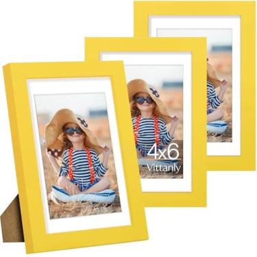 Imagem de Vittanly Conjunto de 3 porta-retratos 10 x 15 cm, exiba imagens de 9 x 12 cm com tapete ou 10 x 15 cm sem tapete para montagem na parede ou mesa, molduras para decoração de parede, madeira projetada