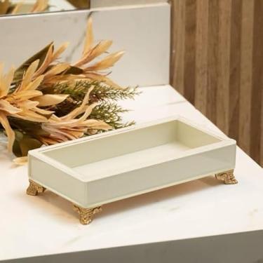 Imagem de Bandeja de Vidro com Efeito Mármore 20x10 – Bandeja Decorativa Multiuso para Joias, Banheiro e Sala (Off White,COM O PÉ)