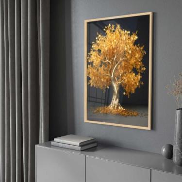 Imagem de Quadro Decorativo com Moldura e Acrilico Cristal Vidro Árvore Dourada 