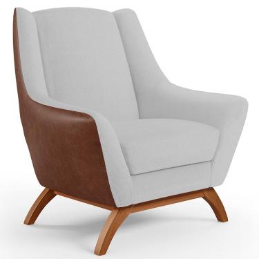 Imagem de Poltrona Decorativa Base Em Madeira Juliet D02 Courissímo Marrom B-38 Linho Cinza D-315 - Lyam Decor