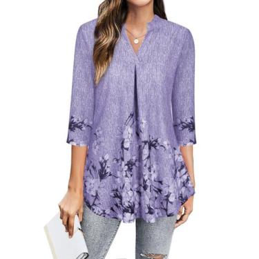 Imagem de Blusa feminina BEPEI roxa floral manga 3/4 GG
