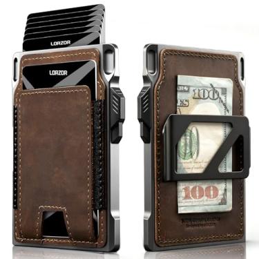 Imagem de LORZOR Carteira tática fina - carteira minimalista para homens, couro de flor integral, porta-cartão de alumínio, carteira com bolso frontal RFID, capa para cartão pop-up inteligente, capacidade para