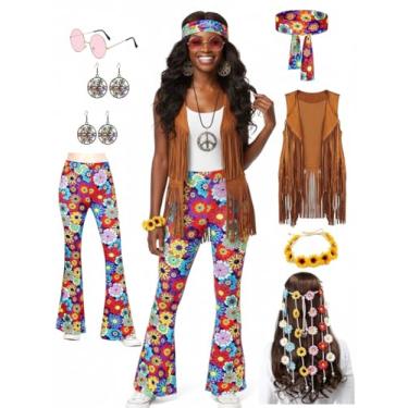 Imagem de Juliesart Fantasia de hippie feminina, roupas dos anos 60 e 70, calças, óculos, tiara de coroa de flores florais, colete de franja, brincos, colar de Halloween (azul, G)