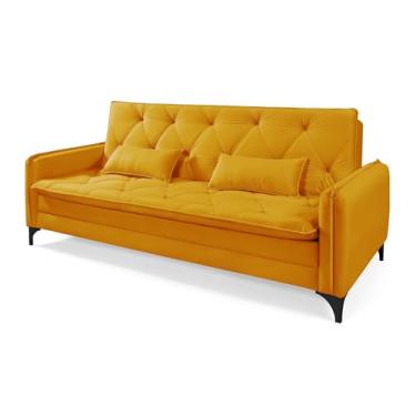 Imagem de Sofá Cama Reclinável Yara Aconchegante Sala De Estar Casal Amarelo Suede