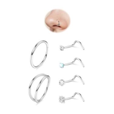 Imagem de 6 peças de anéis de nariz de 18 g com argola dupla e 20 g para mulheres e homens, hipoalergênico, aço 316L, clique/saca-rolhas, narina, hélice de septo/piercing de cartilagem