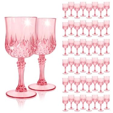 Imagem de EVSGSONL Pacote com 48 taças de vinho de plástico rosa, taças de plástico vintage para festas, taças de água de cristal rosa reutilizáveis para recepção de casamento, suprimentos de festa para grandes