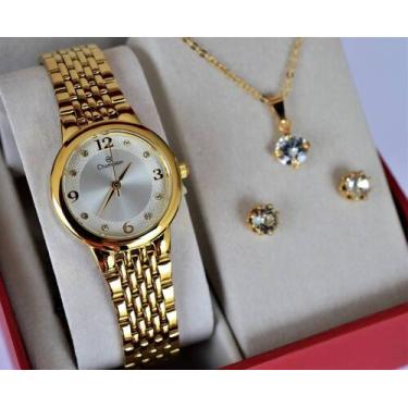 Imagem de Relogio champion feminino pequeno dourado ch24857b + kit semi joia