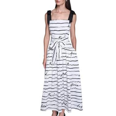 Imagem de Karl Lagerfeld Vestido midi feminino de cetim de algodão estampado com cinto e alças de gravata borboleta, Combo branco e preto macio, 40