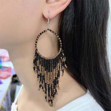Imagem de Brincos femininos com franja longa com pingente boho com contas de bola boho com corrente de argola e franja de gancho pendurado, lustre tribal, joia exagerada para apanhar sonhos, Large, Metal, Sem
