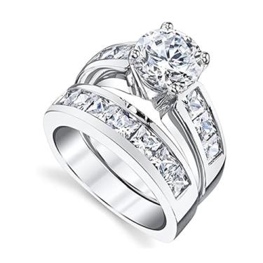 Imagem de 2 peças de anéis de noivado de zircônia cúbica branca banhada a ouro branco, alianças de compromisso, festas noturnas, presentes de dia dos namorados, alianças de eternidade para mulheres, 9, Cobre