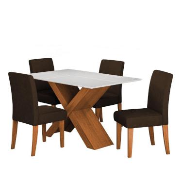 Imagem de Conjunto De Mesa Sala De Jantar Tampo Com Vidro 1,36m Grécia 4 Cadeiras Trieste Dobuê Madeirado/chocolate