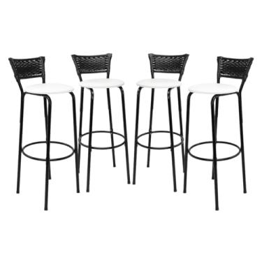Imagem de Kit 4 Banquetas Altas 80cm Estrutura Preta Encosto Junco Preto Ideal Bancada Cozinha Americana Bares Balcão Ilha Área Gourmet Piscina Itagold (Assento Branco)