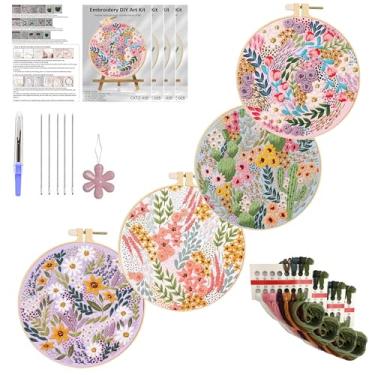 Imagem de Huacan Kits de bordado para adultos, iniciantes, 4 peças, kit de costura de flores com ponto cruz DIY 19 x 19 cm