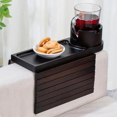 Imagem de Bandeja de suporte de copo de sofá, bandeja de braço de sofá de bambu com suporte giratório de 360°, bandeja de descanso de braço de sofá dobrável 3 em 1 para controle remoto/lanches/xícaras/bebidas
