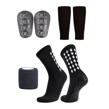 Imagem de Vaveren Meias de futebol antiderrapantes, caneleiras, fáceis de usar, confortáveis, conjunto profissional de equipamentos de encadernação para homens, Preto