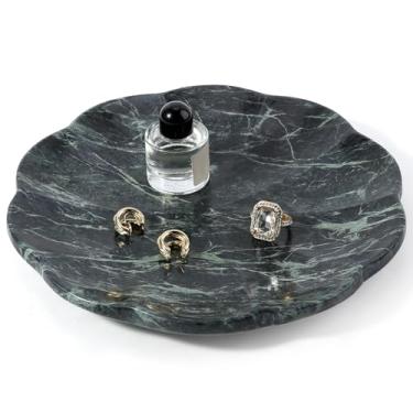 Imagem de Koville Bandeja de mármore, bandeja redonda de mármore de 20 cm para perfume, bugiganga de joias, bandeja de pedra natural para bancada de cômoda de cozinha de banheiro, bandeja decorativa recortada