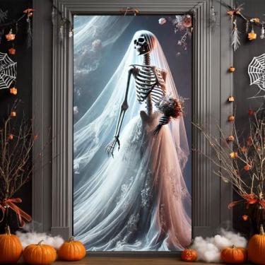 Imagem de BlissYard Capa de porta de Halloween esqueleto noiva fantasmagórica faixa de casamento decoração de casamento gótico capa de porta festiva para decoração de casa assombrada interna e externa 71 x 35