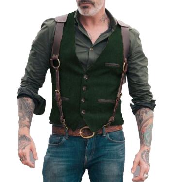 Imagem de Colete Masculino Slim Fit Com Decote Em V, Cor Sólida, Blazer, Vários Bolsos, Esportivo, Casual, Terno, Cavalheiro, Festa De Casamento, Colete Ao Ar Livre, E-Army Green, 3XL