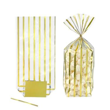 Imagem de EKAPACKAGING 25 peças, 15 x 30 cm, sacos de celofane com listras douradas, sacos de celofane com laços