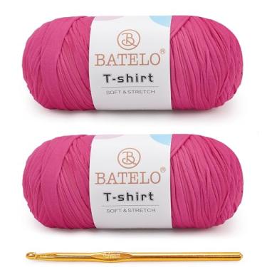 Imagem de BATELO Pacote com 2 fios de camiseta para iniciantes em crochê/cesta/porta-copos de 400 g/144 m de tecido elástico de poliéster grosso (rosa choque)