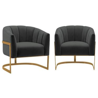 Imagem de Kit 2 Poltronas Decorativas Sala De Estar Recepção Mavie Base De Ferro Dourado Suede Cinza Escuro
