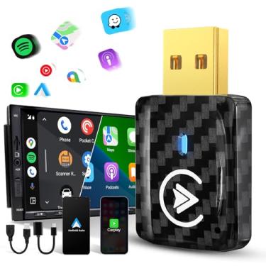 Imagem de MSXTTLY Adaptador sem fio Carplay 2 em 1 para Android, adaptador sem fio, mini USB pequeno dongle conexão automática, plugue de reprodução de carro, para Apple iPhone iOS e Android 11+, modelo de