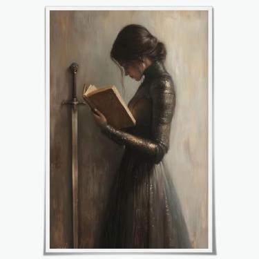 Imagem de Victorian Woman Knight Reading a Book Vintage Gothic Wall Art Poster Book Lover Gift Library Art Print Dark Academia Decor 30 x 45 cm sem moldura