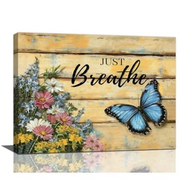 Imagem de Olivine Arte de parede de borboleta, decoração de parede de fotos de flores de borboletas, pintura Just Breathe, impressões em tela vintage de fazenda, arte emoldurada para sala de estar, quarto
