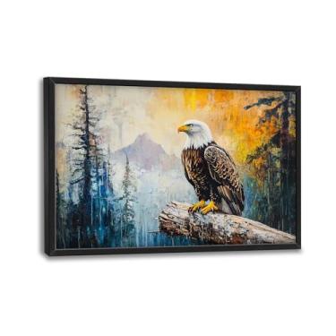Imagem de Arte de parede de águia para sala de estar, decoração de parede de lona grande montanha, águia em pé no toco de árvore, pintura emoldurada, arte de paisagem para quarto, escritório, decoração de casa