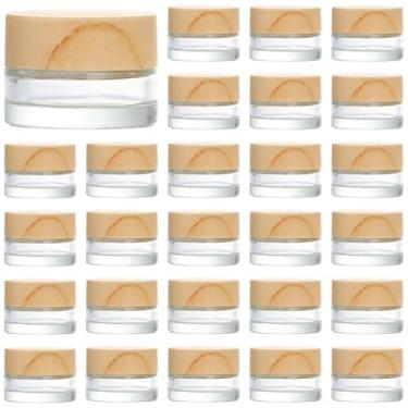 Imagem de Recipientes de creme de viagem recarregáveis, 32 frascos cosméticos transparentes de vidro de 5 ml/4,8 g, tampas de grão de madeira natural, frascos pequenos de amostra vazios para bálsamos, creme