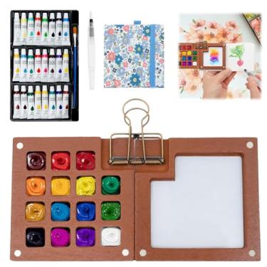 Imagem de Tcwhniev Conjunto de mini tinta aquarela, conjunto portátil de aquarela com paleta de 15 grades, caderno de desenho e pincel de pintura de 24 cores para pintor de viagem (azul)