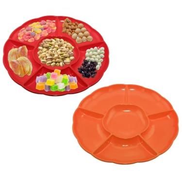 Imagem de CAOXIAOXUYAO Bandejas redondas de plástico de 30,5 cm com 2 unidades, 6 pratos secionais para servir pratos de comida para doces, nozes, vegetais, frutas, ação de graças (2, laranja, vermelho)