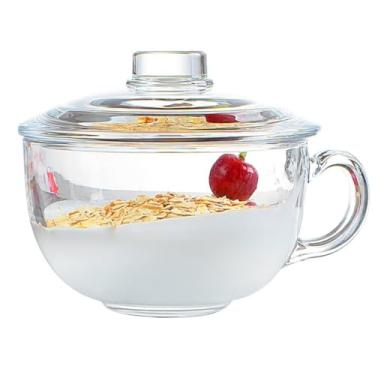 Imagem de Caneca de boca larga para bebidas matinais, copo de café da manhã de vidro temperado de 600 ml com tampa de vidro, tigela de cereal segura para micro-ondas, caneca de café transparente resistente ao