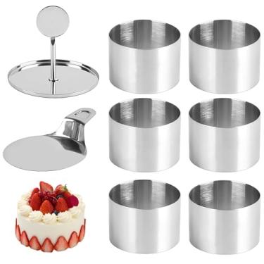 Imagem de Conjunto de 8 moldes de anel de bolo de aço inoxidável, moldes de mousse redondos espessos para assar, inclui 6 moldes, 1 prato de prensa, 1 bandeja, conjunto ideal para mini cheesecakes e bolos em