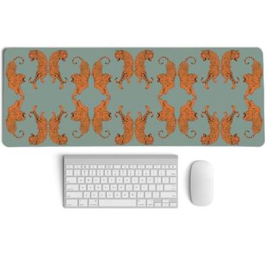 Imagem de PaJiaNi Tapete de mouse verde sálvia laranja preppy tigre, tapete de mesa verde-sálvia guepardo leopardo, tapete de mouse com estampa de animal, tapete de mesa para laptop grande Y2K XL para