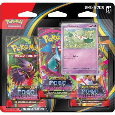 Imagem de Blister Triplo Pokémon Me02 Fogo Fantasmagorico Cottonee Copag 19 Cartas